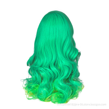 long loose wave machine made green synthetic wig in stock